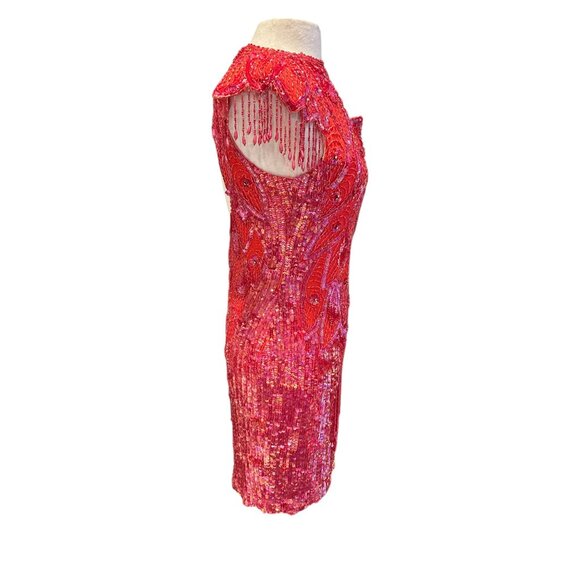 Vintage Gunit 80s Red Beaded Fringe Cocktail Dress With Open Back & High Necklin - Picture 6 of 12